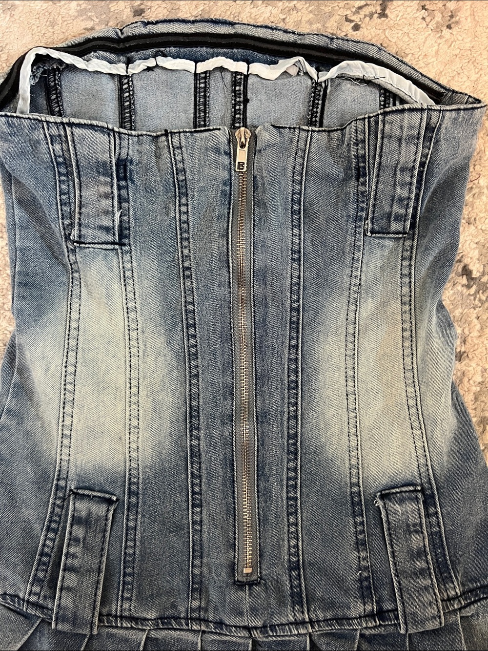 Y2K Acid Wash Denim Corset Mini Dress Pleated Skater Sz S - Picture 7 of 7